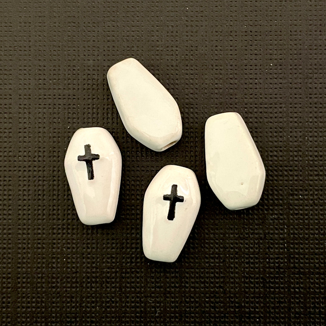 Tiny white Halloween coffin casket beads 4pc Peruvian ceramic 14x8mm
