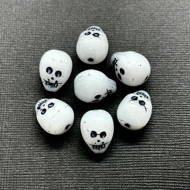 Czech glass double sided skull beads 8pc white black 13x10mm-Orange Grove Beads