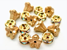 Load image into Gallery viewer, Czech rhinestone rondelle and glass bead &quot;crowns&quot; gold
