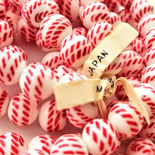 Load image into Gallery viewer, Vintage Japan round glass beads 15pc white with red peppermint stripes 10mm
