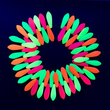 Load image into Gallery viewer, Czech glass dagger drop beads 7&quot; strand neon rainbow UV glow 15x5mm
