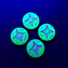Load image into Gallery viewer, Czech glass large carved coin beads 4pc opaline green silver 20mm UV glow
