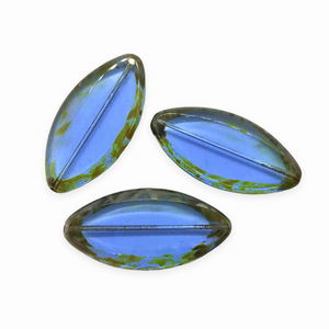 Czech glass XL table cut carved spindle oval focal beads 3pc blue picasso 36x18mm-Orange Grove Beads