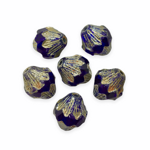 Czech glass fluted faceted baroque bicone beads 6pc blue picasso 13x10mm