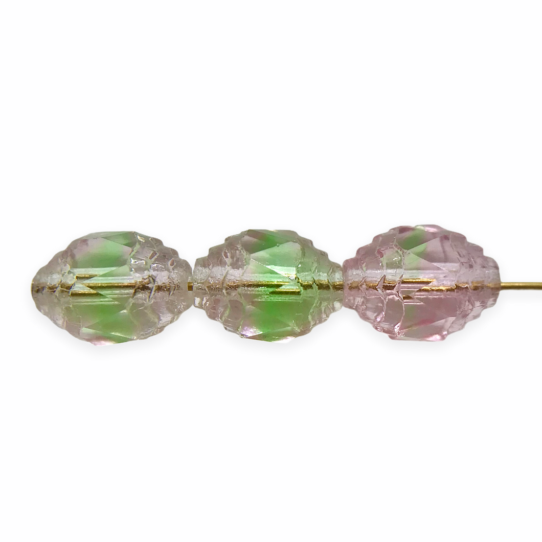 Czech glass faceted cathedral turbine beads 8pc pale pink green 10x8mm