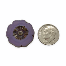 Load image into Gallery viewer, Czech glass XL table cut hibiscus flower focal beads 4pc purple dark picasso 22mm
