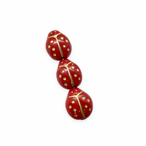 Czech glass tiny ladybug beads charms 20pc opaque red with gold inlay 9x8mm