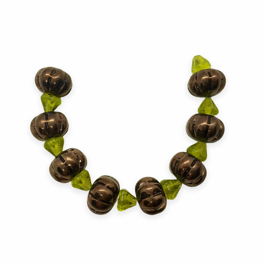 Czech glass pumpkin beads charms with stems 8 sets (16pc) metallic brown bronze-Orange Grove Beads