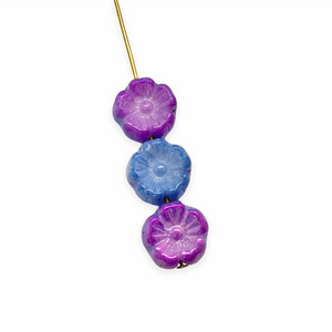 Czech glass hibiscus flower beads 12pc blue purple metallic 10mm