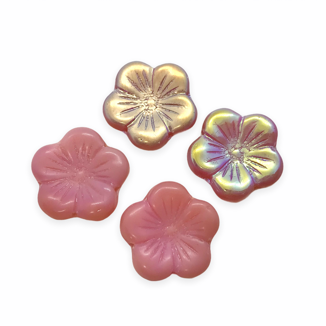Czech glass XL hibiscus flower focal beads 4pc opaque pink AB 20mm-Orange Grove Beads