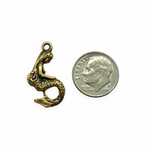 Load image into Gallery viewer, Mermaid profile charm pendant 2pc gold tone lead free pewter 24x14mm USA made
