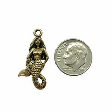Load image into Gallery viewer, Mermaid charm pendant 2pc gold tone lead free pewter 28x14mm USA made
