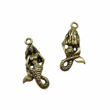 Load image into Gallery viewer, Mermaid charm pendant 2pc gold tone lead free pewter 28x14mm USA made
