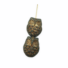 Load image into Gallery viewer, Czech glass horned owl beads 4pc matte blue black bronze 18x15mm
