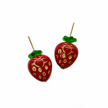 Load image into Gallery viewer, Czech glass strawberry fruit shaped beads charms &amp; caps 6 sets red gold 15x13mm
