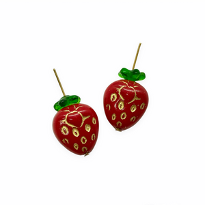 Czech glass strawberry fruit shaped beads charms & caps 6 sets red gold 15x13mm