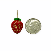 Load image into Gallery viewer, Czech glass strawberry fruit shaped beads charms &amp; caps 6 sets red gold 15x13mm
