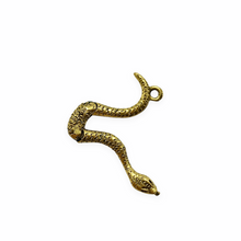 Load image into Gallery viewer, Articulated moving snake charm pendant 2pc antique gold pewter 51mm
