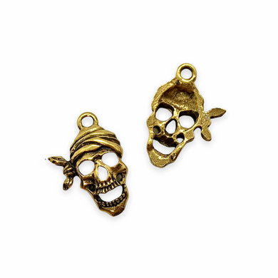 Pirate skull charm pendant 2pc gold tone lead free pewter 22x19mm USA made-Orange Grove Beads