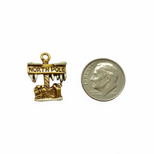 Load image into Gallery viewer, North Pole sign Christmas charm pendant 2pc antique gold lead free pewter 20x15mm USA made
