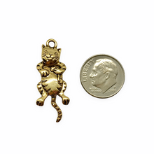 Load image into Gallery viewer, Articulated moving cat charm pendant 2pc antique gold pewter 32x12mm
