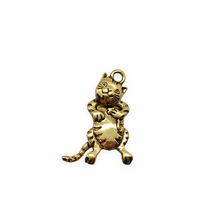 Load image into Gallery viewer, Articulated moving cat charm pendant 2pc antique gold pewter 32x12mm
