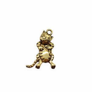 Articulated moving cat charm pendant 2pc antique gold pewter 32x12mm
