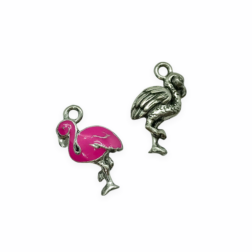 Pink flamingo charm pendant antique silver 2pc USA lead free pewter 20x10mm