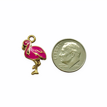 Load image into Gallery viewer, Pink flamingo charm pendant antique gold 2pc  USA lead free pewter 20x10mm
