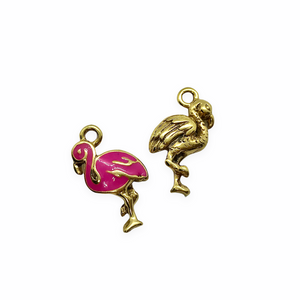 Pink flamingo charm pendant antique gold 2pc  USA lead free pewter 20x10mm-Orange Grove Beads