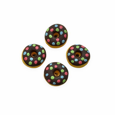 Hand painted tiny ceramic miniature donut food beads charms 4pc vertical drill 9x6mm-Orange Grove Beads