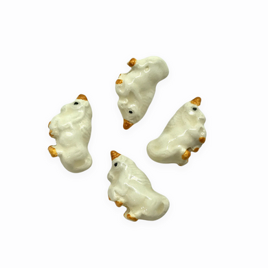 Hand painted tiny ceramic miniature white unicorn beads charms 4pc vertical drill 17x9x6mm-Orange Grove Beads