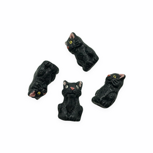 Hand painted tiny ceramic miniature black cat beads charms 4pc vertical drill 13x8x7mm-Orange Grove Beads