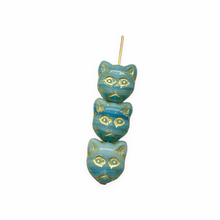 Load image into Gallery viewer, Czech glass cat head face beads 10pc opaque blue white gold 13x11mm
