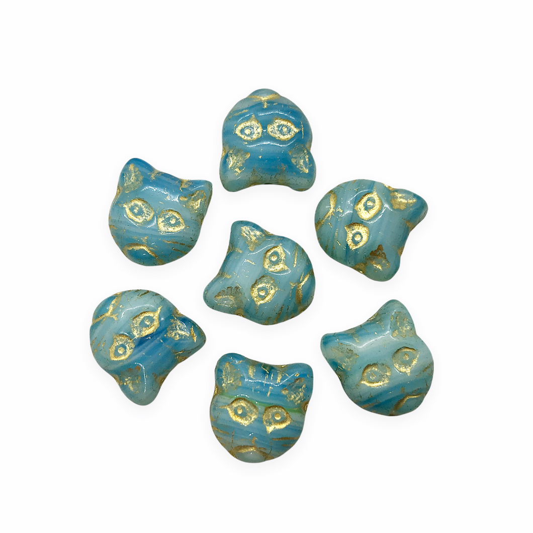 Czech glass cat head face beads 10pc opaque blue white gold 13x11mm-Orange Grove Beads