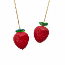 Load image into Gallery viewer, Czech glass strawberry fruit beads charms &amp; caps 6 sets matte opaque red 15x13mm

