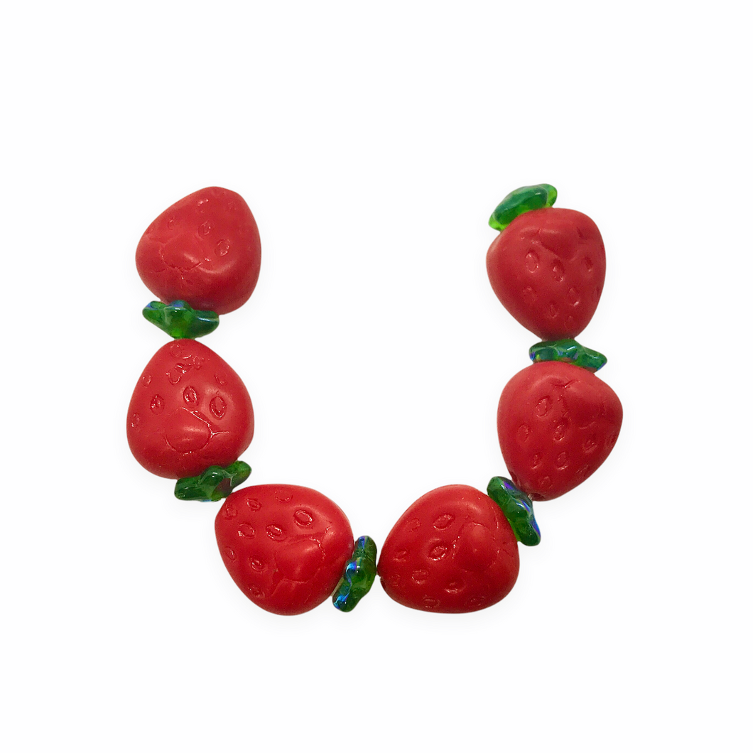 Czech glass strawberry fruit beads charms & caps 6 sets matte opaque red 15x13mm-Orange Grove Beads