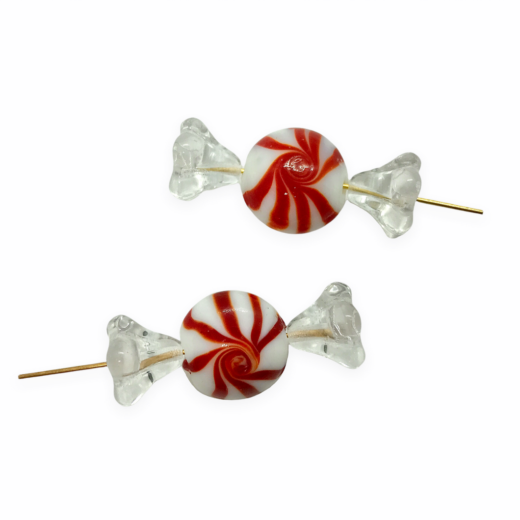 Wrapped Christmas peppermint candy glass beads charms 4 sets (12pc) red white swirl-Orange Grove Beads