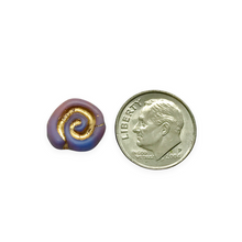 Load image into Gallery viewer, Czech glass spiral shell jelly roll beads 12pc blue mauve gold 12x11mm
