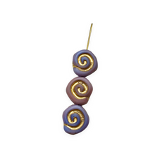 Load image into Gallery viewer, Czech glass spiral shell jelly roll beads 12pc blue mauve gold 12x11mm
