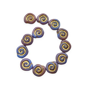 Czech glass spiral shell jelly roll beads 12pc blue mauve gold 12x11mm-Orange Grove Beads