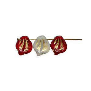 Czech glass Christmas Peony Flower petal beads 20pc opaline white red gold 15x12mm