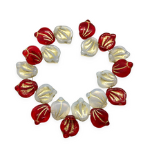 Load image into Gallery viewer, Czech glass Christmas Peony Flower petal beads 20pc opaline white red gold 15x12mm-Orange Grove Beads
