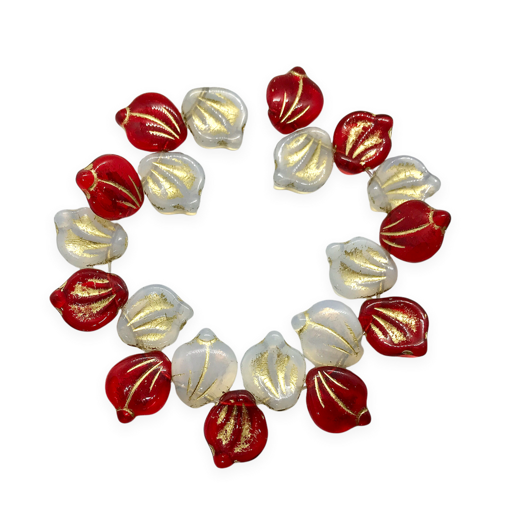 Czech glass Christmas Peony Flower petal beads 20pc opaline white red gold 15x12mm-Orange Grove Beads