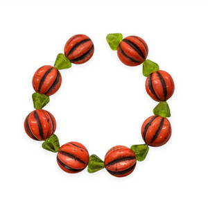 Czech glass orange melon pumpkin beads 8 sets (16pc) with stems 14mm-Orange Grove Beads
