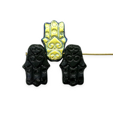 Load image into Gallery viewer, Czech glass hamsa hand beads 6pc jet black AB 20x14mm
