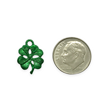 Load image into Gallery viewer, Irish 4 leaf clover shamrock charms 2pc pewter green epoxy 16x12mm
