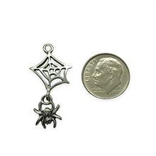 Load image into Gallery viewer, Spiderweb with spider dangle Antique silver charms 2pc lead free pewter 32x16mm
