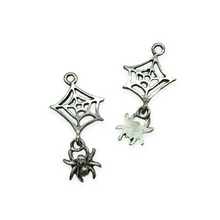 Load image into Gallery viewer, Spiderweb with spider dangle Antique silver charms 2pc lead free pewter 32x16mm-Orange Grove Beads
