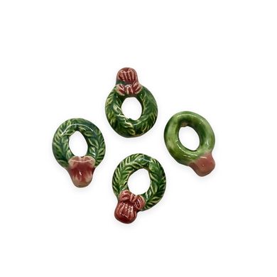 Hand painted ceramic tiny green Christmas wreath beads 4pc vertical drill 14x10mm-Orange Grove Beads